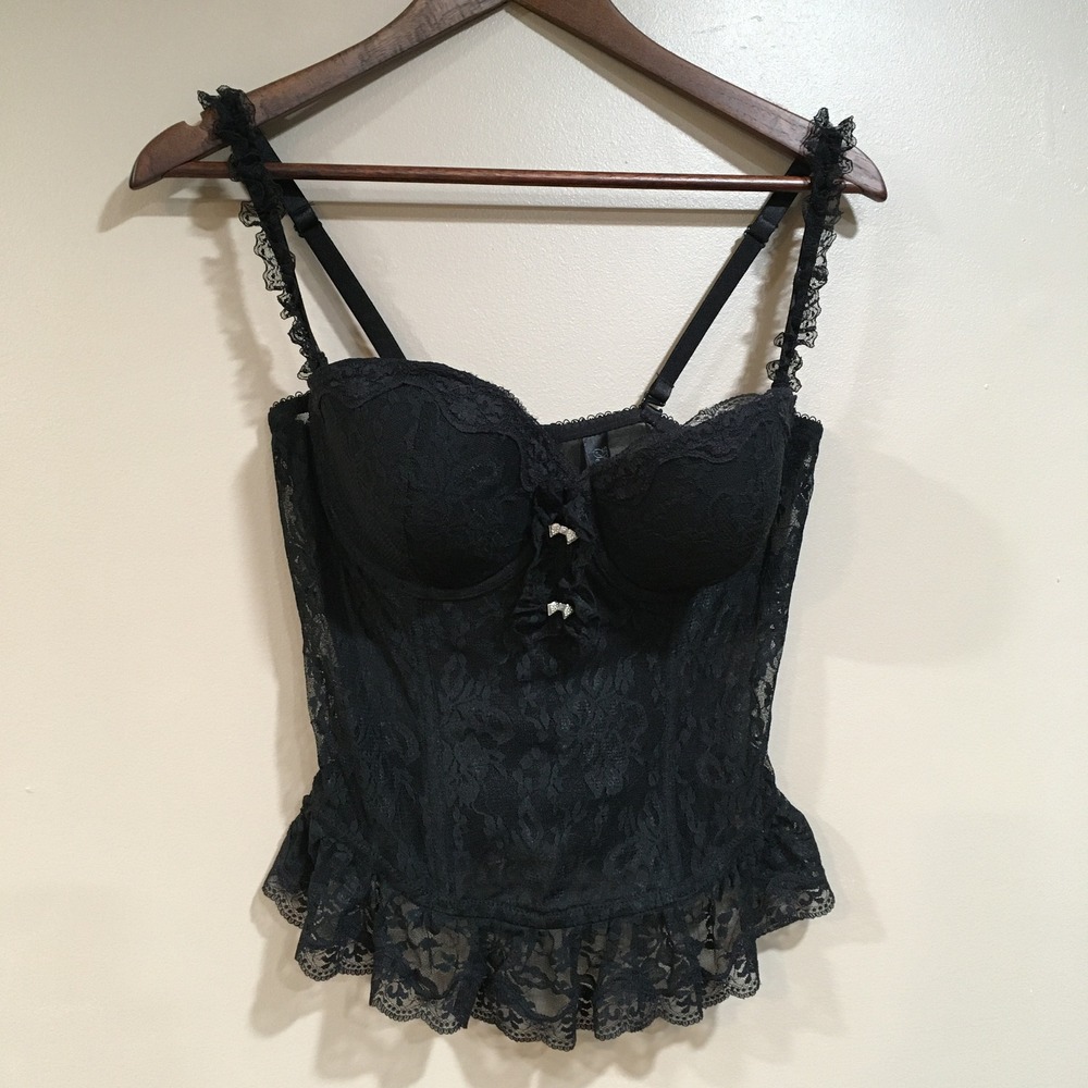 Smart Sexy Corset Top Black Lace Ruffle Bustier Seamed Cup Sz 40C Goth Coquette
